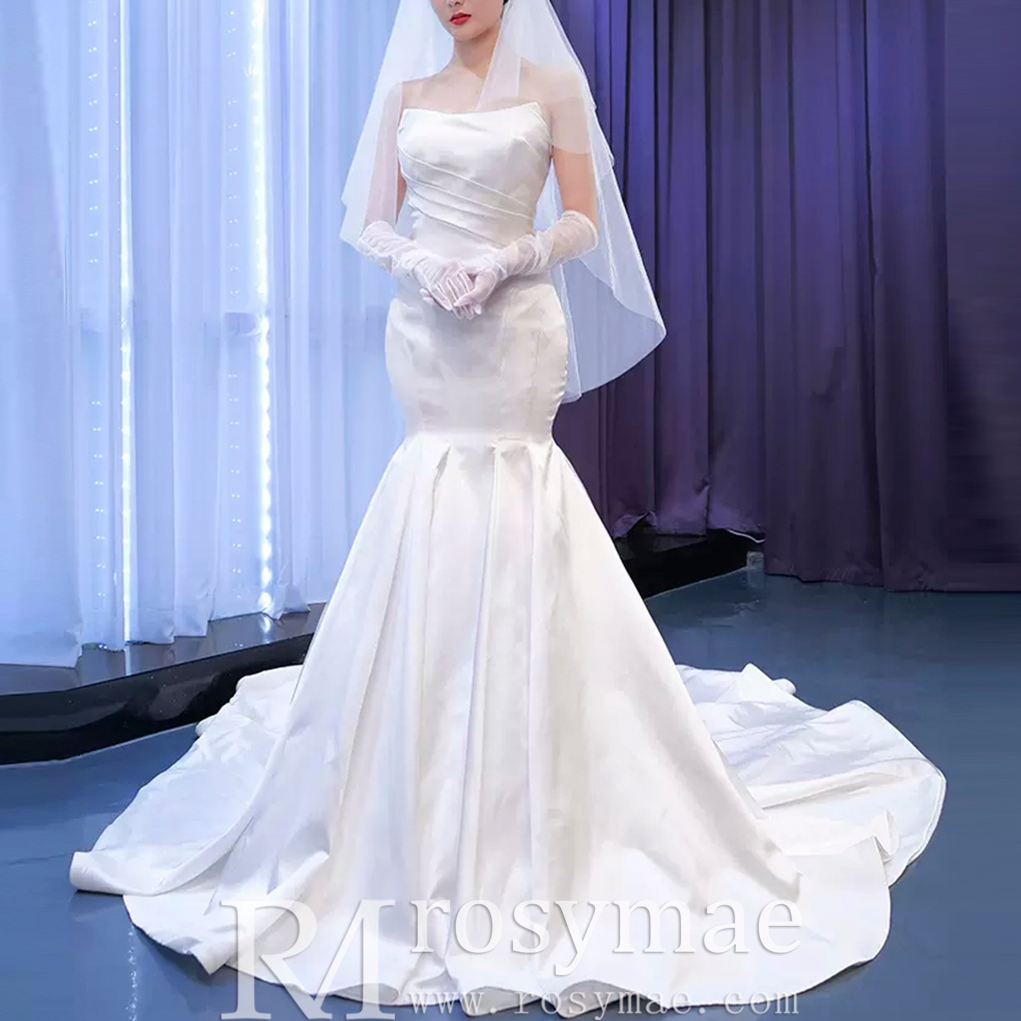 Simple Strapless Satin Trumpet Boat Neck Wedding Dress - Rosymae