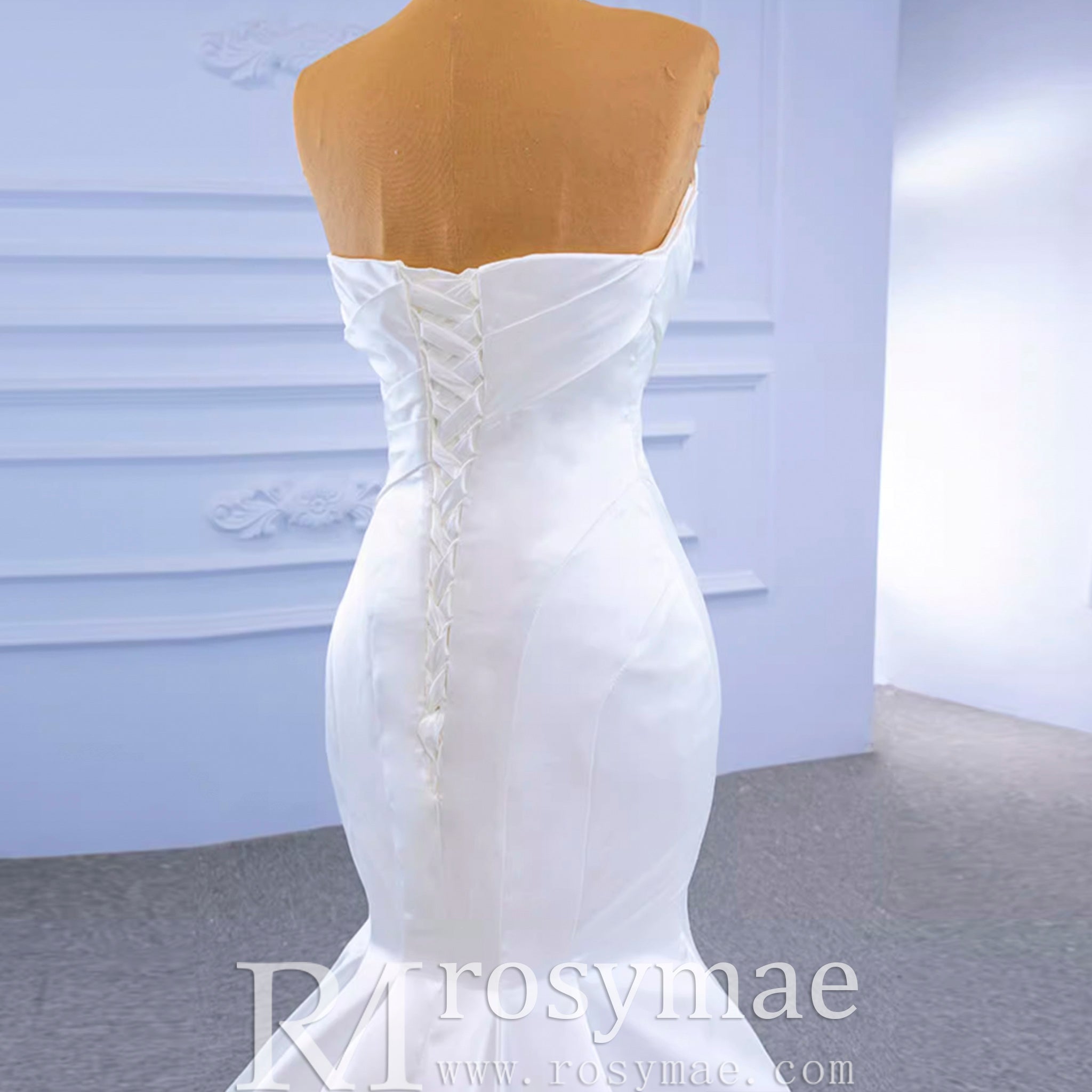 Simple Strapless Satin Trumpet Boat Neck Wedding Dress - Rosymae