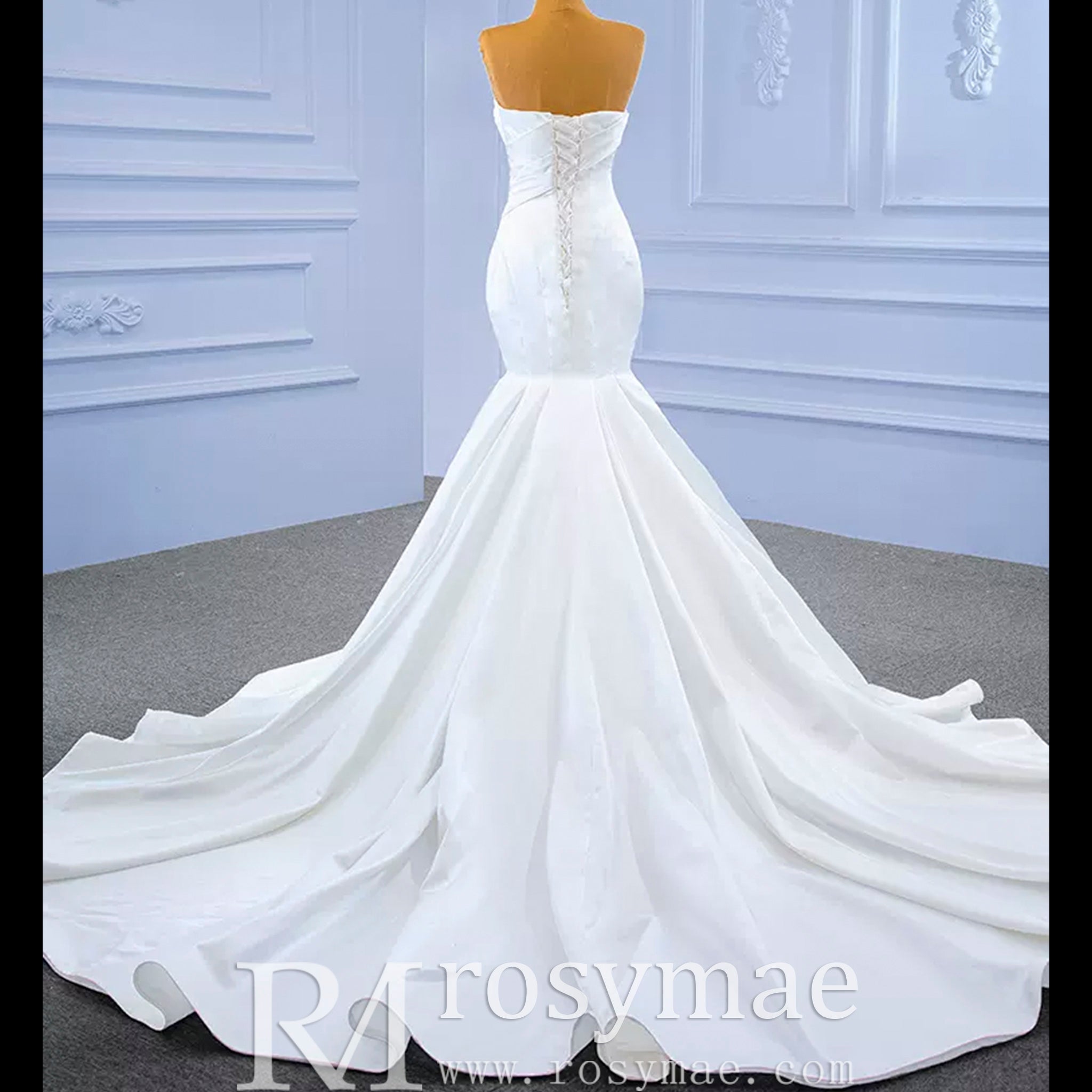 Simple Strapless Satin Trumpet Boat Neck Wedding Dress - Rosymae
