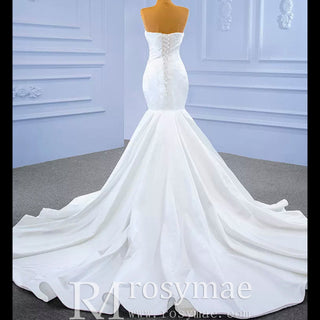 Simple Strapless Satin Trumpet Boat Neck Wedding Dress - Rosymae