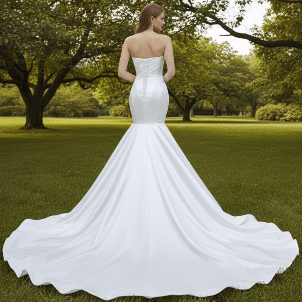 Simple Strapless Satin Trumpet Boat Neck Wedding Dress - Rosymae