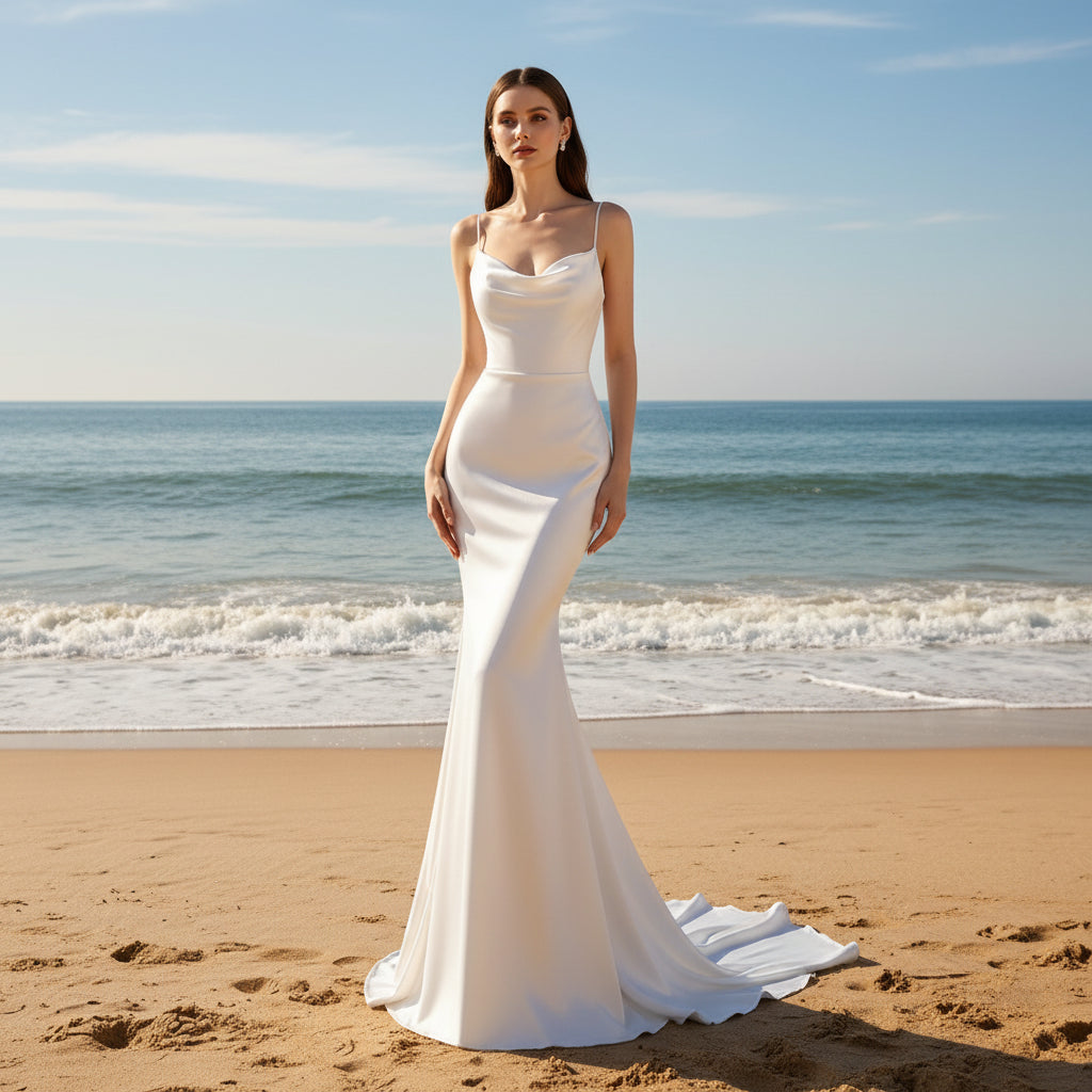 Modern Plunging Necklines Silk Wedding Dresses with Spaghetti