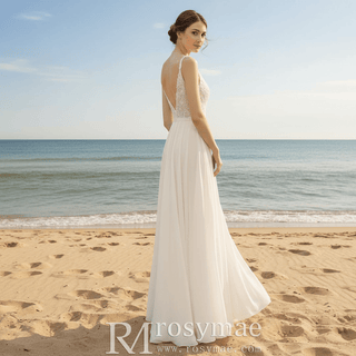 Simple Vneck Chiffon Sheath Wedding Dress with Spaghetti Strap - Rosymae
