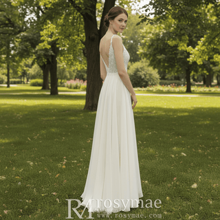 Simple Vneck Chiffon Sheath Wedding Dress with Spaghetti Strap - Rosymae