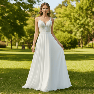 Simple Vneck Chiffon Sheath Wedding Dress with Spaghetti Strap - Rosymae
