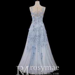 Sky Blue A-Line Prom Dress with Illusion Scoop Neckline & Button Back - Rosymae