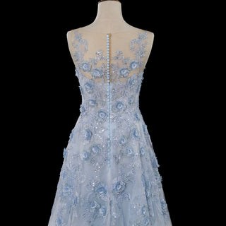 Sky Blue A-Line Prom Dress with Illusion Scoop Neckline & Button Back - Rosymae