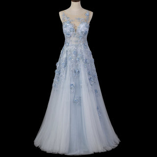 Sky Blue A-Line Prom Dress with Illusion Scoop Neckline & Button Back - Rosymae