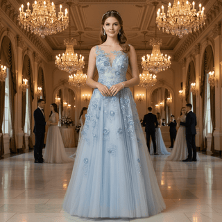 Sky Blue A-Line Prom Dress with Illusion Scoop Neckline & Button Back - Rosymae