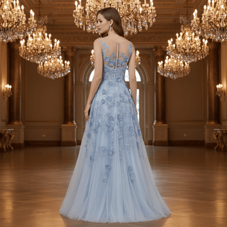 Sky Blue A-Line Prom Dress with Illusion Scoop Neckline & Button Back - Rosymae