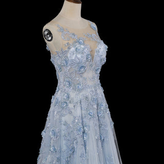 Sky Blue A-Line Prom Dress with Illusion Scoop Neckline & Button Back - Rosymae
