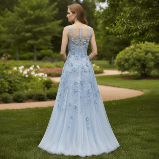 Sky Blue A-Line Prom Dress with Illusion Scoop Neckline & Button Back - Rosymae