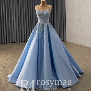 Sky Blue Ball Gown with Formal Dress Beaded Corset Bodice Detachable Ruffled Cape - Rosymae