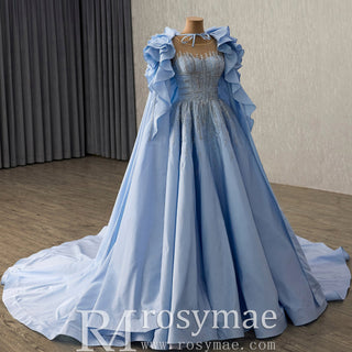 Sky Blue Ball Gown with Formal Dress Beaded Corset Bodice Detachable Ruffled Cape - Rosymae