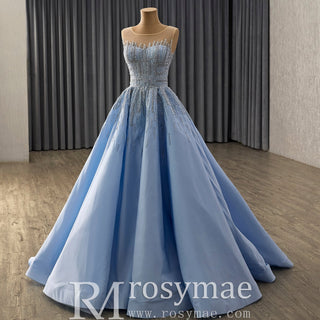Sky Blue Ball Gown with Formal Dress Beaded Corset Bodice Detachable Ruffled Cape - Rosymae
