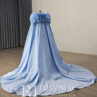 Sky Blue Ball Gown with Formal Dress Beaded Corset Bodice Detachable Ruffled Cape - Rosymae