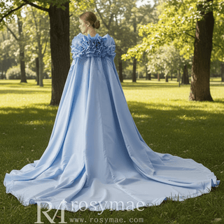 Sky Blue Ball Gown with Formal Dress Beaded Corset Bodice Detachable Ruffled Cape - Rosymae
