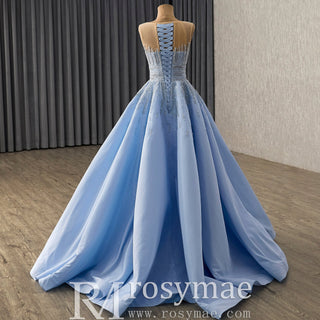 Sky Blue Ball Gown with Formal Dress Beaded Corset Bodice Detachable Ruffled Cape - Rosymae