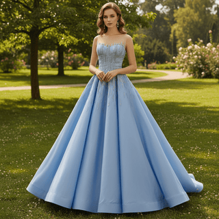 Sky Blue Ball Gown with Formal Dress Beaded Corset Bodice Detachable Ruffled Cape - Rosymae