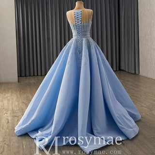 Sky Blue Ball Gown with Formal Dress Beaded Corset Bodice Detachable Ruffled Cape - Rosymae