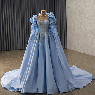 Sky Blue Ball Gown with Formal Dress Beaded Corset Bodice Detachable Ruffled Cape - Rosymae