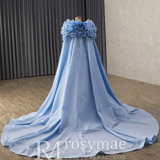 Sky Blue Ball Gown with Formal Dress Beaded Corset Bodice Detachable Ruffled Cape - Rosymae