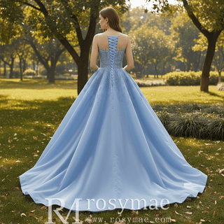 Sky Blue Ball Gown with Formal Dress Beaded Corset Bodice Detachable Ruffled Cape - Rosymae