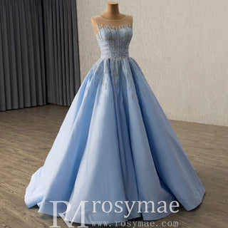 Sky Blue Ball Gown with Formal Dress Beaded Corset Bodice Detachable Ruffled Cape - Rosymae