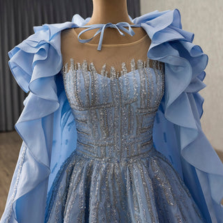 Sky Blue Ball Gown with Formal Dress Beaded Corset Bodice Detachable Ruffled Cape - Rosymae