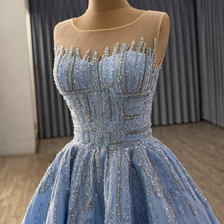 Sky Blue Ball Gown with Formal Dress Beaded Corset Bodice Detachable Ruffled Cape - Rosymae