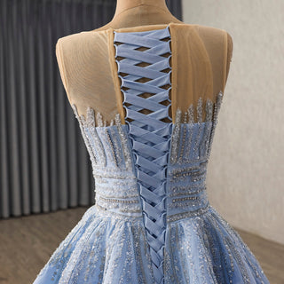Sky Blue Ball Gown with Formal Dress Beaded Corset Bodice Detachable Ruffled Cape - Rosymae