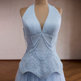 Sky Blue Halter Beaded Corset Prom Dress