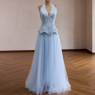 Sky Blue Halter Beaded Corset Prom Dress