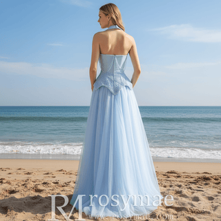 Sky Blue Halter Beaded Corset Prom Dress