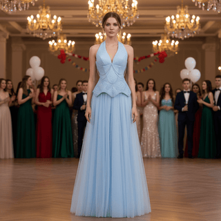 Sky Blue Halter Beaded Corset Prom Dress