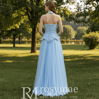 Sky Blue Halter Beaded Corset Prom Dress