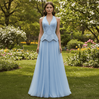 Blue Halter Beaded Tulle Prom Dress with Crystal Chain Back – Rosymae