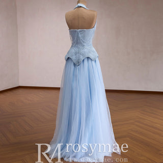 Sky Blue Halter Beaded Corset Prom Dress