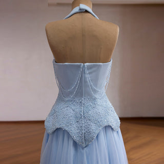 Sky Blue Halter Beaded Corset Prom Dress