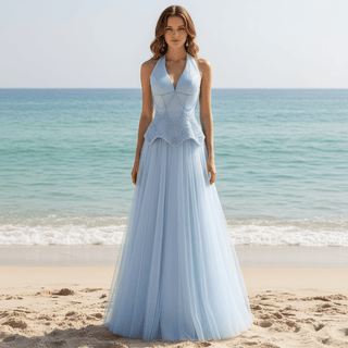 Sky Blue Halter Beaded Corset Prom Dress