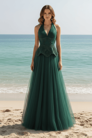 Sky Blue Halter Beaded Corset Prom Dress