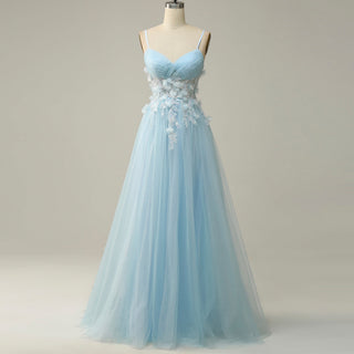 Sky Blue Leg Slit A Line Prom Dress Sheer Bodice with 3D Flowers for Party - Rosymae