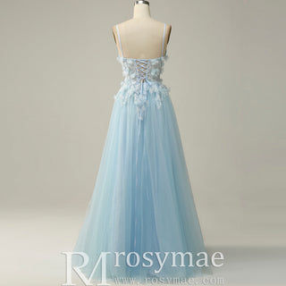 Sky Blue Leg Slit A Line Prom Dress Sheer Bodice with 3D Flowers for Party - Rosymae