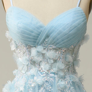 Sky Blue Leg Slit A Line Prom Dress Sheer Bodice with 3D Flowers for Party - Rosymae