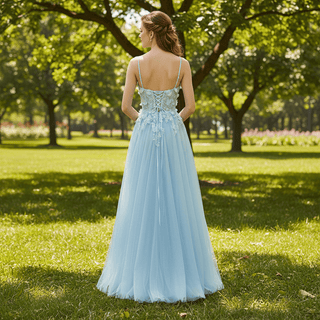 Sky Blue Leg Slit A Line Prom Dress Sheer Bodice with 3D Flowers for Party - Rosymae