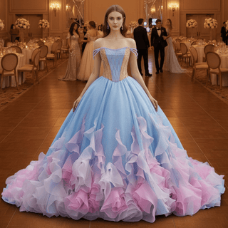 Sky Blue & Pink Off Shoulder Ball Gown Quinceañera Dress with Rhinestone - Rosymae