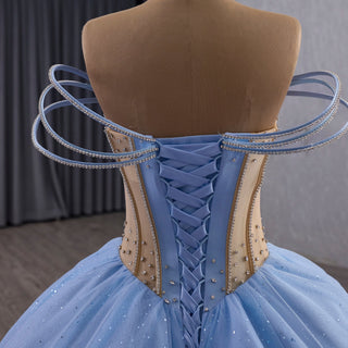 Sky Blue & Pink Off Shoulder Ball Gown Quinceañera Dress with Rhinestone - Rosymae