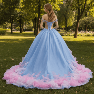 Sky Blue & Pink Off Shoulder Ball Gown Quinceañera Dress with Rhinestone - Rosymae