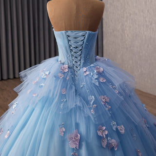 Sky Blue Sweetheart Puffy 3D Flowers Quinceanera Dresses - Rosymae