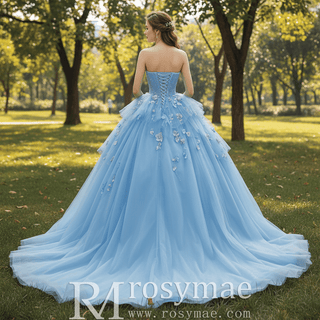 Sky Blue Sweetheart Puffy 3D Flowers Quinceanera Dresses - Rosymae